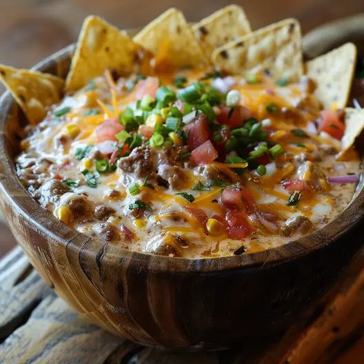 a wooden bowl filled with nachos and cheese on top of a table next to tortilla chips