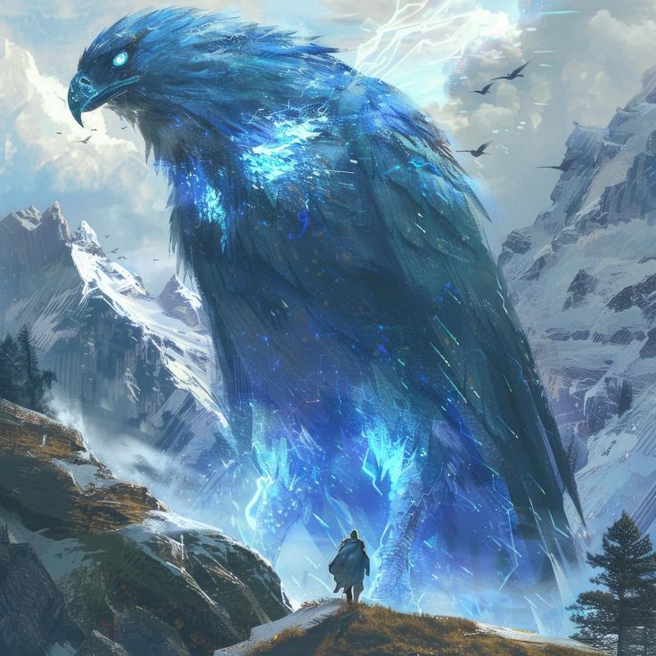 a man standing on top of a mountain next to a giant blue bird in the sky