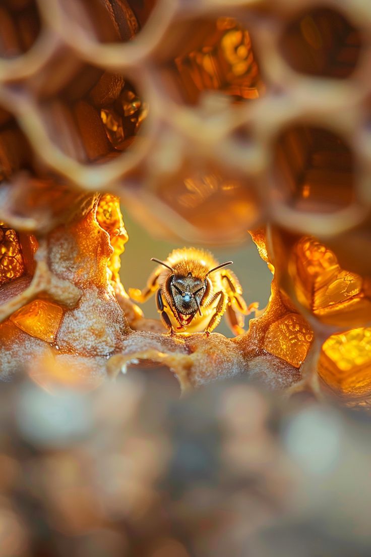 a close up view of a honeybee in the center of a beehive