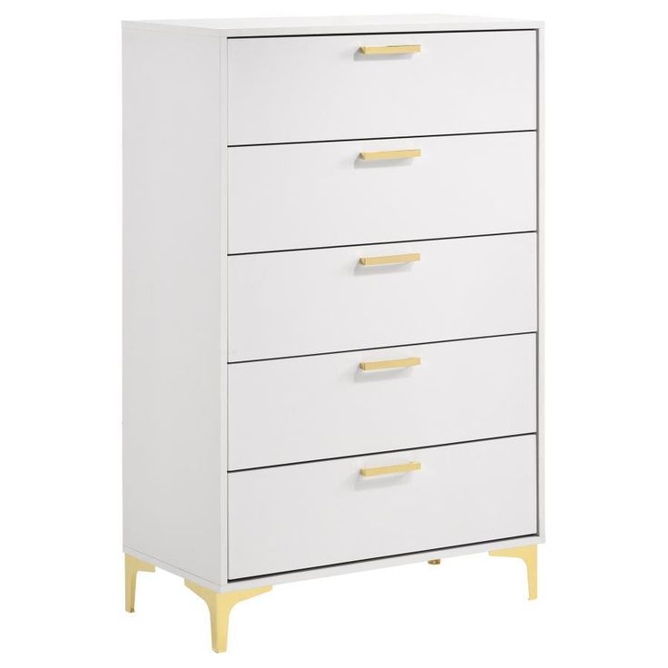 a white chest of drawers with gold handles on the top and bottom, against a white background