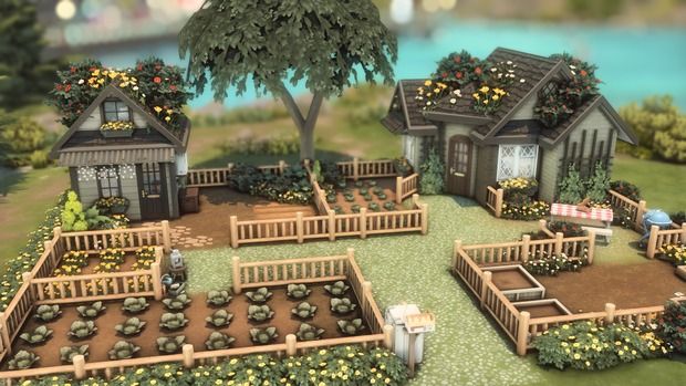 an animated model of a small garden with lots of plants and houses in the background