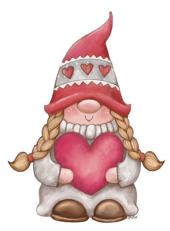 a cartoon gnome holding a heart in her hands