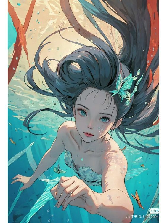 an anime character with long hair swimming in the water, surrounded by fish and corals