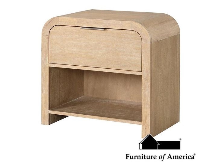 a wooden night stand with an open drawer on the bottom and one shelf below it