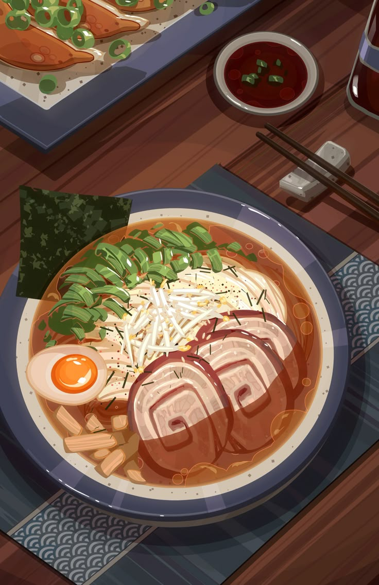 an illustration of a bowl of soup with meats and vegetables on the table next to chopsticks