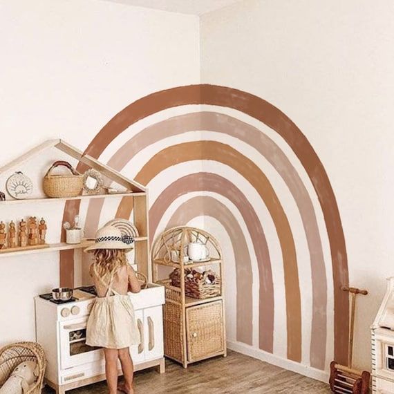 Slanted Walls Nursery, Boho Rainbow Playroom Ideas, Rainbow Wall Accent, Boho Rainbow Accent Wall, Boho Rainbow Mural, Boho Rainbow Nursery Girl, Rainbow Wall Art Diy, Boho Wallpaper Accent Wall, Boho Rainbow Bedroom