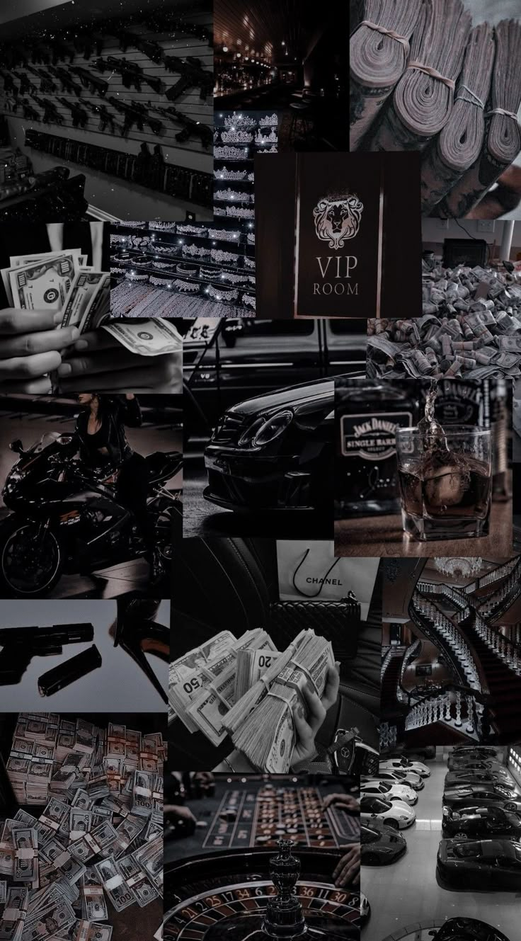 a collage of photos with various items in black and white, including money on the table