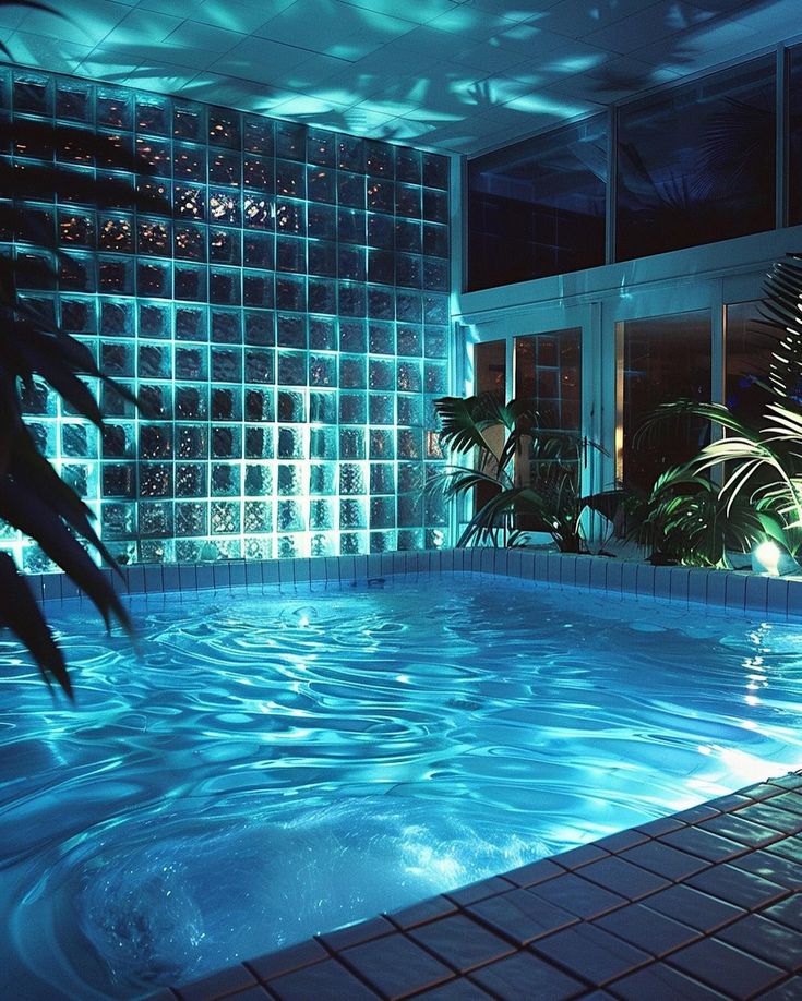 an indoor swimming pool at night with lights on and plants in the water next to it