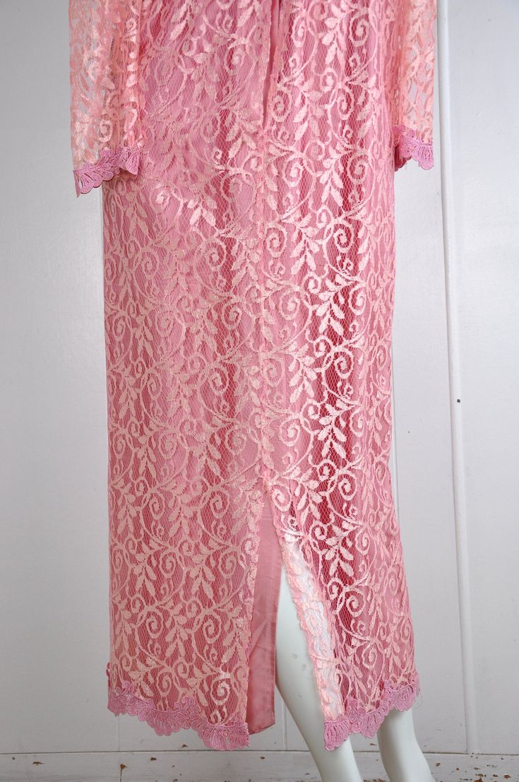 "A darling pink lace dress by JC Penney circa the 60s / 70s. It has little snaps at the sleeves, nape, and bust. There's a back zipper closure with a natural opening in the lace fabric to allow for the zipper to move. Made in the USA. Would suit a small or petite medium, but please see measurements below for accurate fit. CONDITION: Great gently worn condition. No flaws to note. MEASUREMENTS Bust: 38\" Waist: 30\" Length: 51\" Have a question? Please ask me anything." Pink Lace Maxi Dress, Pink Lace Dress, Lace Pink Dress, Evening Jackets, Gunne Sax, Prairie Dress, Lace Maxi, Lace Maxi Dress, The 60s