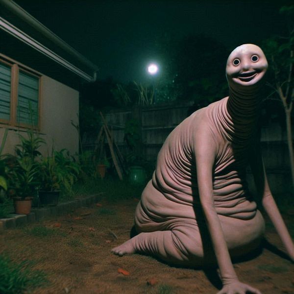 a creepy creature sitting on the ground in front of a house