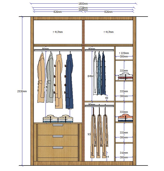 the measurements for an open closet with clothes hanging on shelves and drawers in front of it