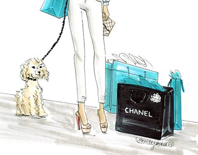 a drawing of a woman walking her dog and carrying shopping bags with the words chanel on it