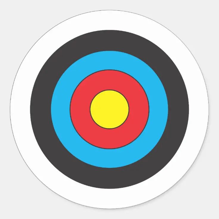 a round sticker with an arrow in the center and blue, yellow, and red circles on it