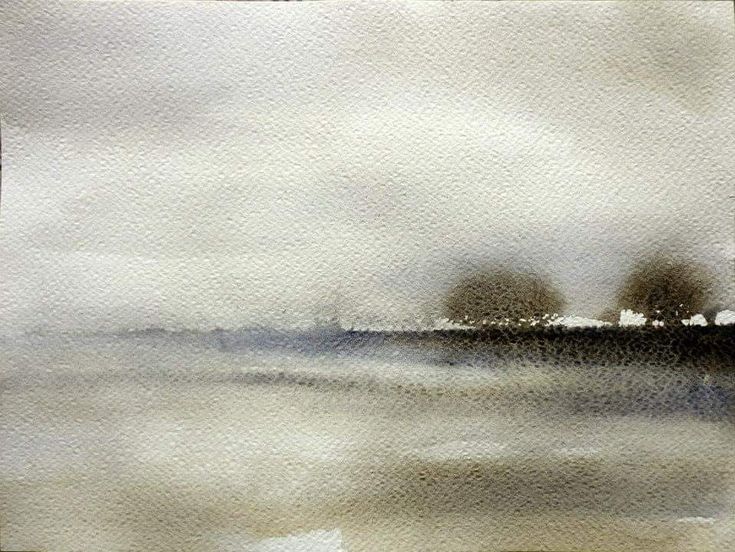 watercolor painting of trees in the distance on a gray and black background with white clouds