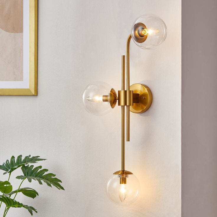 two lights on the wall next to a potted plant