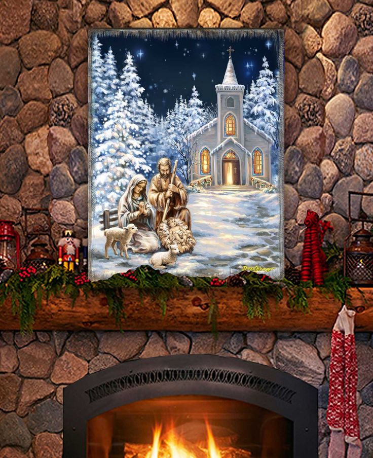 a fireplace with a painting on it next to a mantle filled with candles and stockings