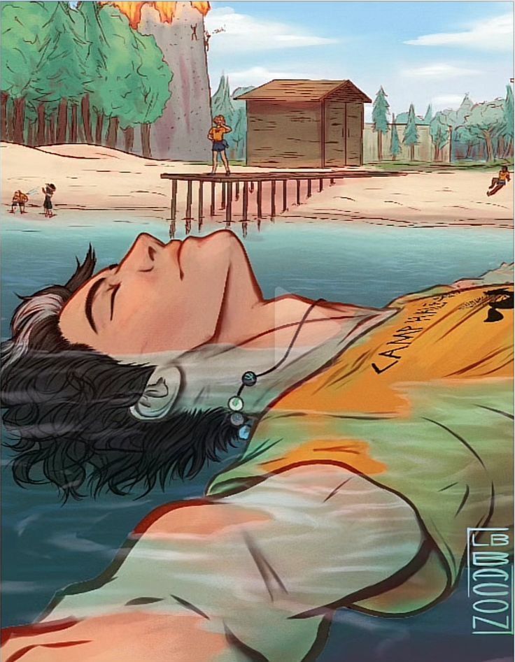 a drawing of a man laying in the water with his eyes closed and head down