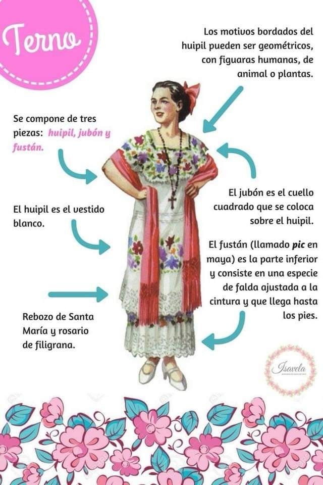 a woman in mexican dress with flowers around her neck and the words tenos written below it