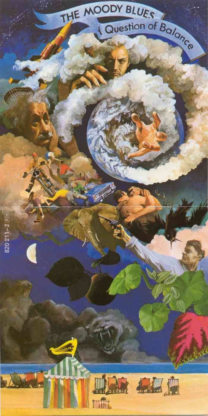 an advertisement for the moody blues, which features images of people in clouds and animals