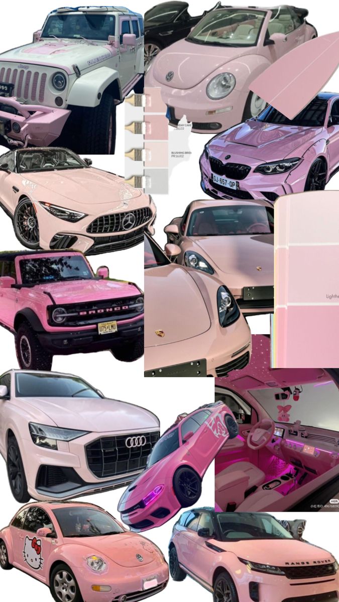 many different colored cars are shown in this collage, including one pink car and the other white