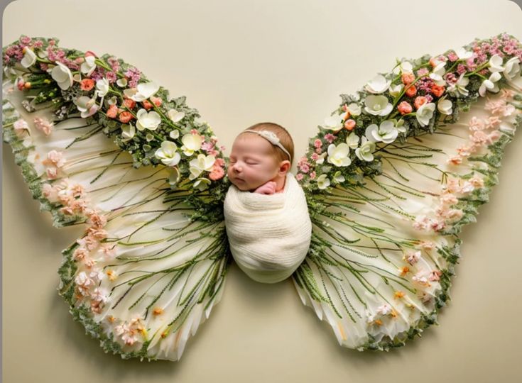 a newborn baby wrapped in a blanket is surrounded by flowers and leaves on the wings of an angel