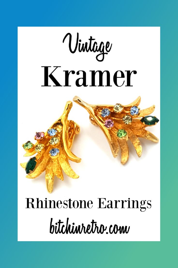 Kramer vintage earrings set with rhinestones at differing heights on slender gold stems gives them a 3-D cosmic quality. The lone emerald green navette is an interesting twist. These earrings have an eclectic design, and are quite unique.

Available for Sale at BitchinRetro.com Mid Century Modern Jewelry, Vintage Rhinestone Earrings, Vintage Clip Earrings, Jewellery Gifts, Designer Fashion Jewelry, Vintage Clip, Rhinestone Earrings, Vintage Love, Vintage Beauty