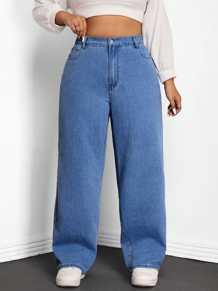 Plus Size Casual Zipper Up Loose Straight Leg Jeans Medium Wash    Denim Plain Straight Leg Non-Stretch  Women Plus Clothing, size features are:Bust: ,Length: ,Sleeve Length: Women's Nightgowns, Jeans Casual, Elegant Dresses Long, Women's Shapewear, Women Midi, Plus Size Jeans, Kids Beachwear, Plus Size Casual, Womens Midi Dresses