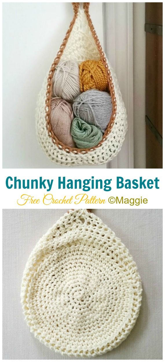 crocheted hanging basket with yarn balls in it and the text chunky hanging basket free crochet pattern