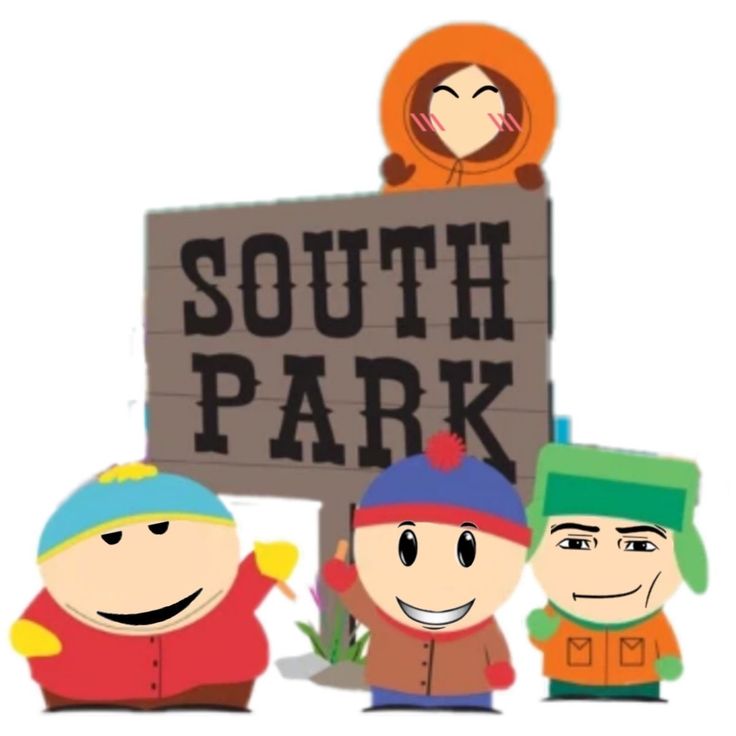 the south park sign is surrounded by three cartoon characters, including one man and two women