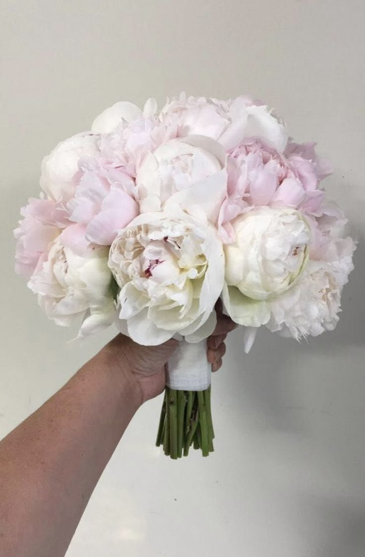 a hand holding a bouquet of white and pink flowers