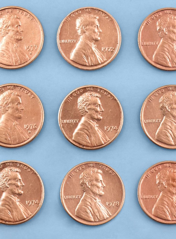 six lincoln cents are shown in this image