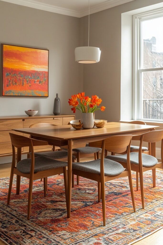 a dining room table and chairs with an orange flower centerpiece on top of it