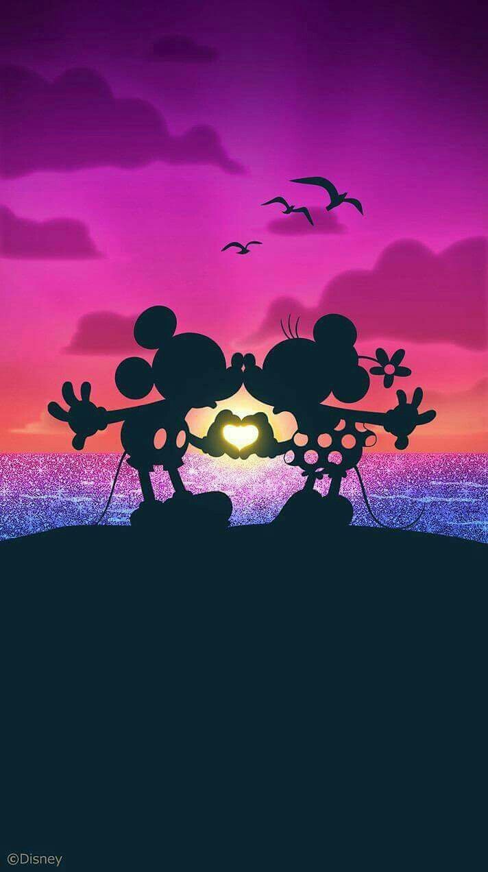 mickey and minnie mouse silhouetted against the sunset