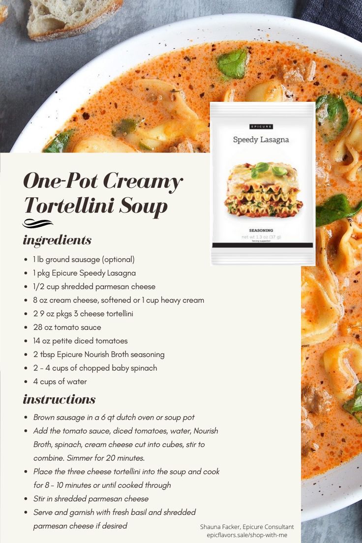 a bowl of creamy tortellini soup with instructions