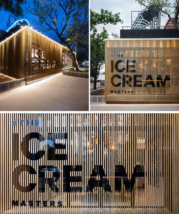 the front and side of an ice cream shop at night, with its lights on