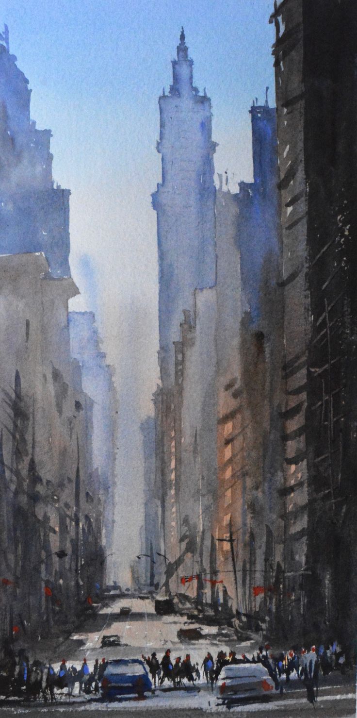 a painting of a city street with cars and people walking on the sidewalk in front of tall buildings