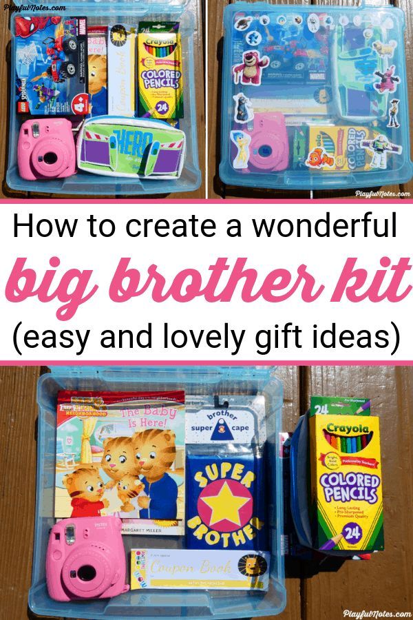 the contents of a children's gift box with text overlay that reads how to create a wonderful big brother kit easy and lovely gift ideas