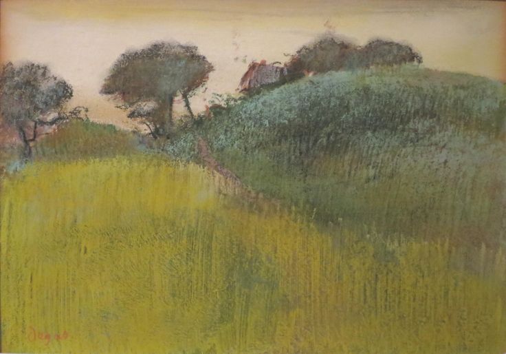 an oil painting of trees and grass on a hill with yellow sky in the background