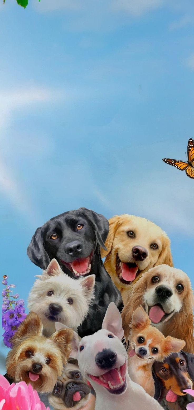 a group of dogs standing next to each other in front of flowers and a butterfly