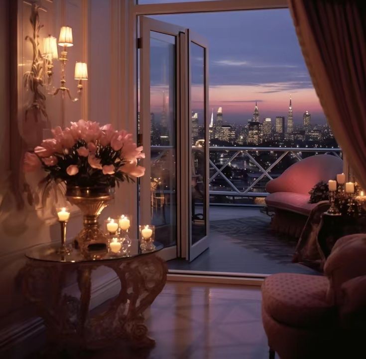 a living room filled with furniture next to a window covered in candles and flowers on top of a table