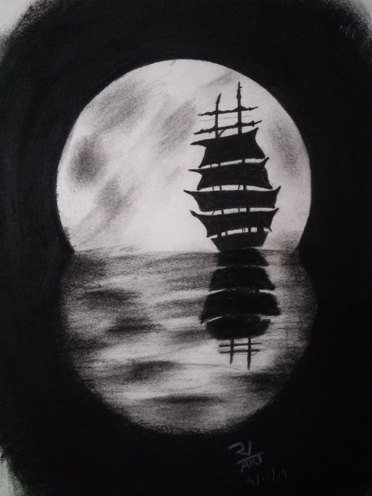 a black and white drawing of a ship in the ocean under a moonlit sky