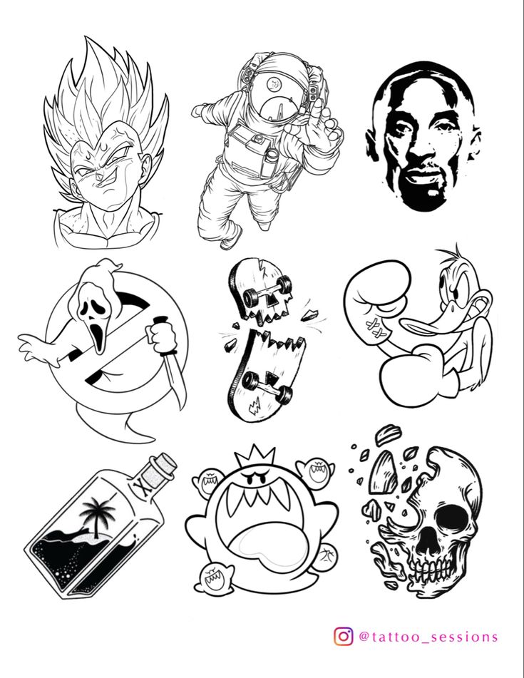 Tattoo flash sheet cool art design Tattoo Flash For Men, Cool Flash Tattoos Men, Cool Tattoo Flash, Hood Flash Tattoo, Flash Tattoo Designs Men, Cartoons Tattoo Design, Get What You Get Tattoo Flash, Cartoon Flash Sheet, Flash Tattoos Men