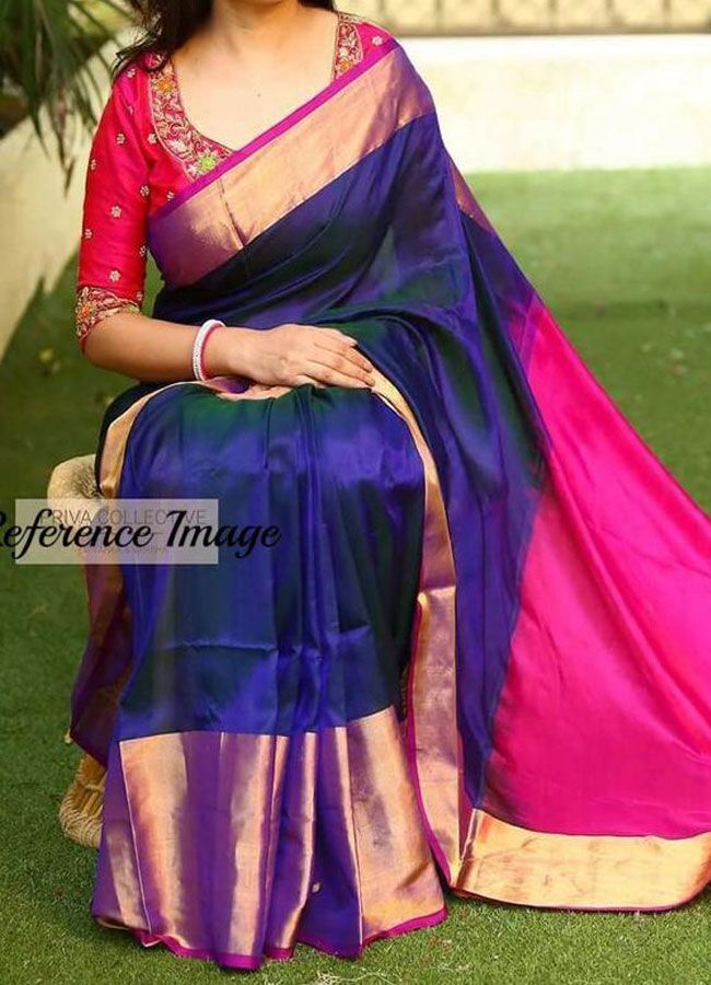 Uppada Silk Navy Blue And Pink Color Saree Online Shopping From Weavesarees.com Heritage Wardrobe, Pink Color Saree, Saree Blue, Pink Blouse Designs, Designer Sari, Blue Silk Saree, Bridal Sarees South Indian, South Silk Sarees, Pattu Saree Blouse Designs