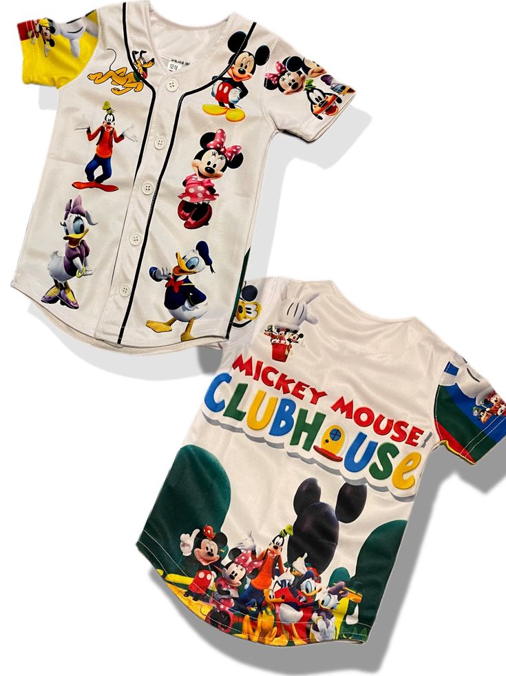 two mickey mouse onesuits are on display