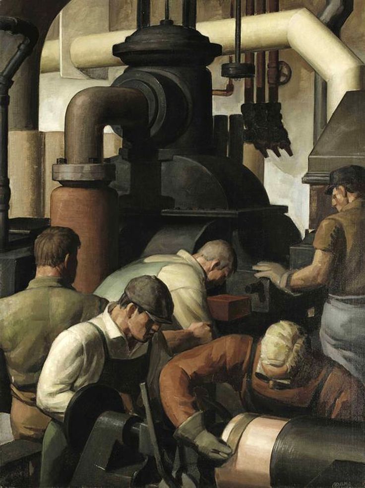 an oil painting of men working in a factory