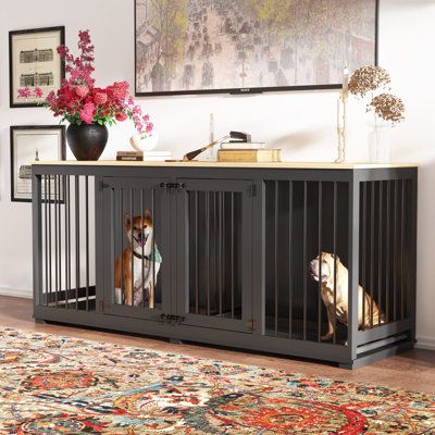 two dogs are sitting in their kennels on the floor next to a rug