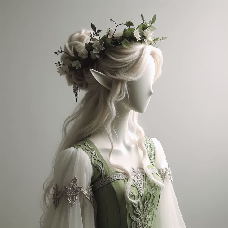 Elf Princess Cosplay, Nature Inspired Dress Illustration, Elf Princess Aesthetic, Fantasy Hairstyles Princesses, Fantasy Elf Outfit, Fantasy Princess Outfit, Elvin Princess, Elven Royalty, Character With Wings