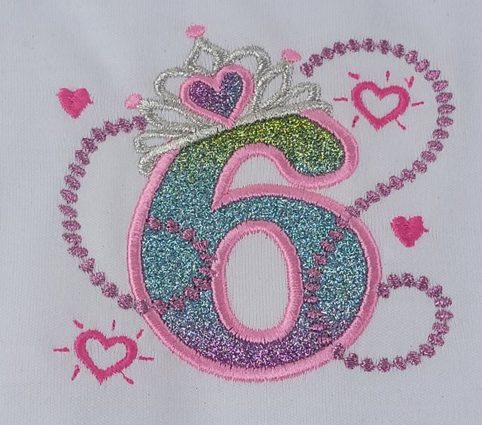 the number six is decorated with hearts and sparkles in pink, green, blue, and purple