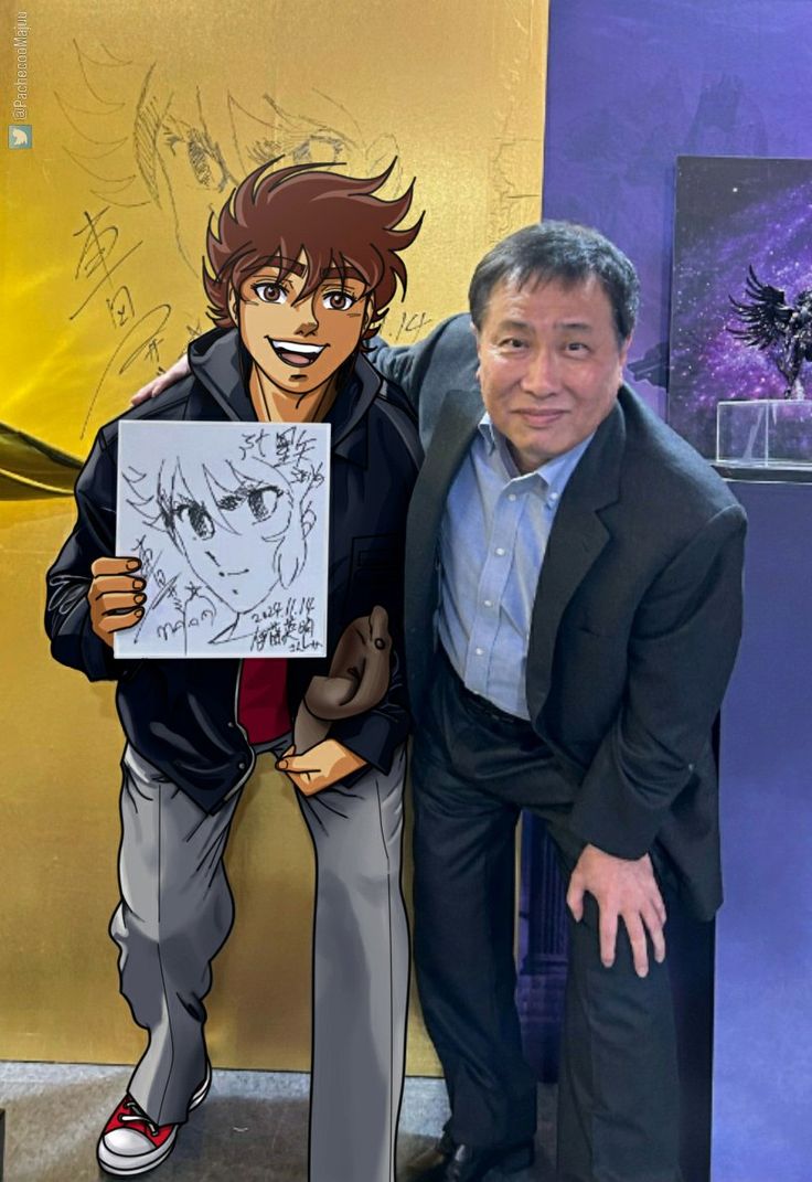 a man standing next to an anime character holding a sign with his hand on the side