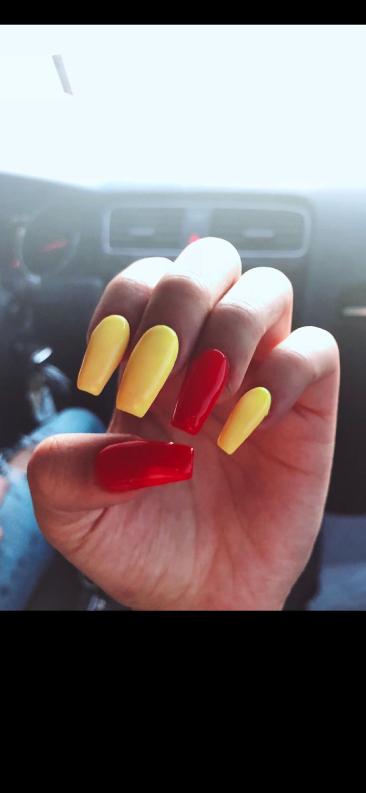 Yellow and red nails Red Yellow And White Nails, Red And Yellow Nails Acrylic, Yellow Red Nails, Red And Yellow Nail Designs, Yellow And Red Nails, Red And Yellow Nails, Gryffindor Wedding, White On White French, Thirty Fine